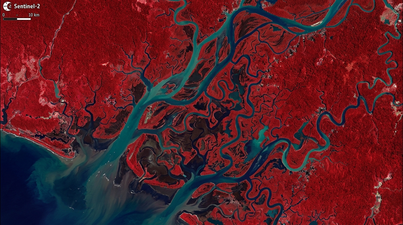 Infrared satellite view used for forest and cocoa landscape analysis